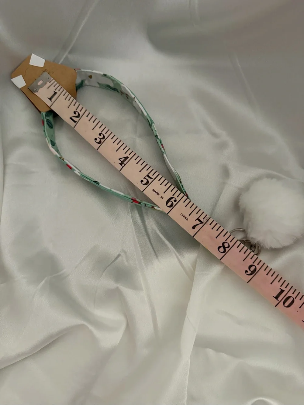Handmade Green and White Floral Wristlet Keychain with White Pompom